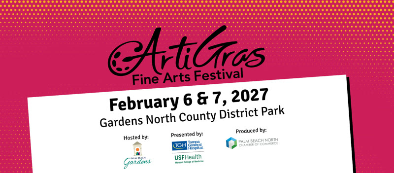 ArtiGras Fine Arts Festival February 6 and 7 2027 at Gardens North County District Park in Palm Beach Gardens
