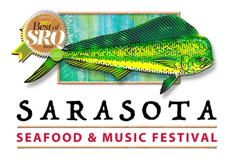 Sarasota Seafood and Music Festival key art with a mahi mahi at the Sarasota Fairgrounds