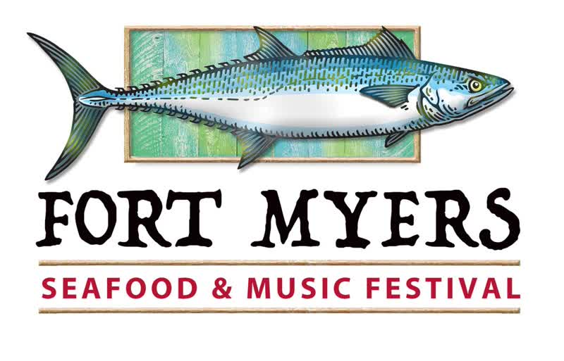Fort Myers Seafood and Music Festival key art with a king mackerel at Centennial Park in Fort Myers