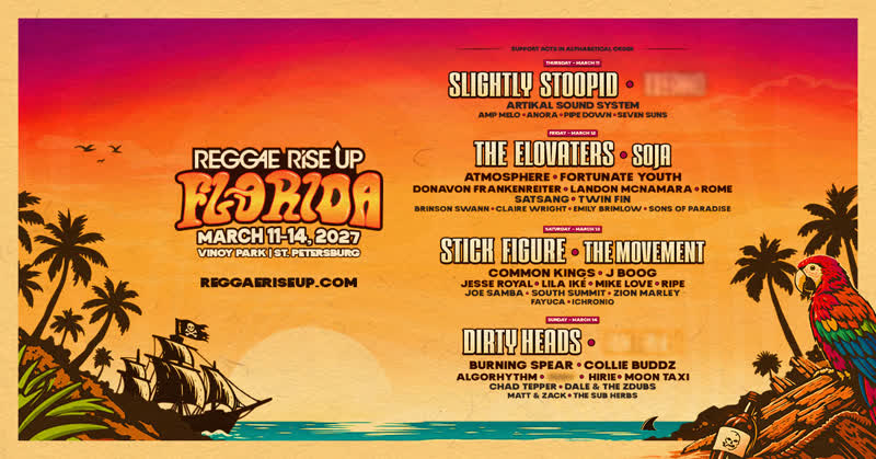 Reggae Rise Up Florida Festival 2027 lineup poster for Vinoy Park in St. Petersburg