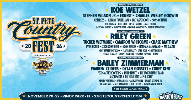 St. Pete Country Fest flyer with Riley Green, Bailey Zimmerman and Koe Wetzel at Vinoy Park in St. Petersburg
