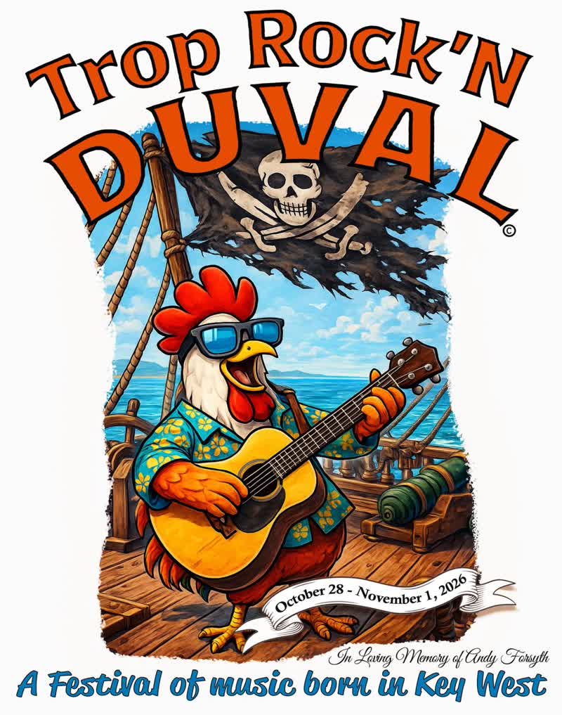 Trop Rock'N Duval Key West music festival flyer with a rooster playing guitar on a pirate ship