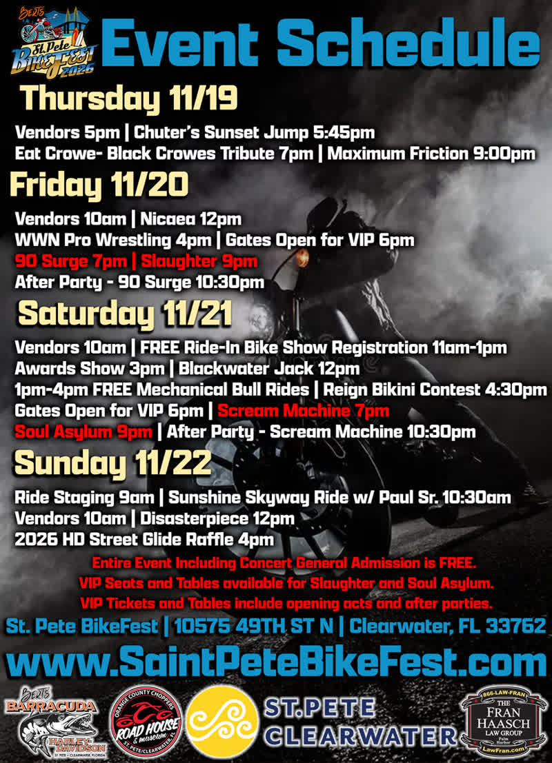 St. Pete BikeFest 2026 schedule flyer with Slaughter and Soul Asylum live in Clearwater