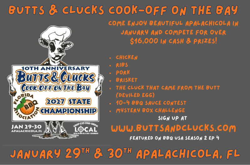 Butts & Clucks Cook-Off on the Bay official 2027 State Championship poster, Battery Park, Apalachicola