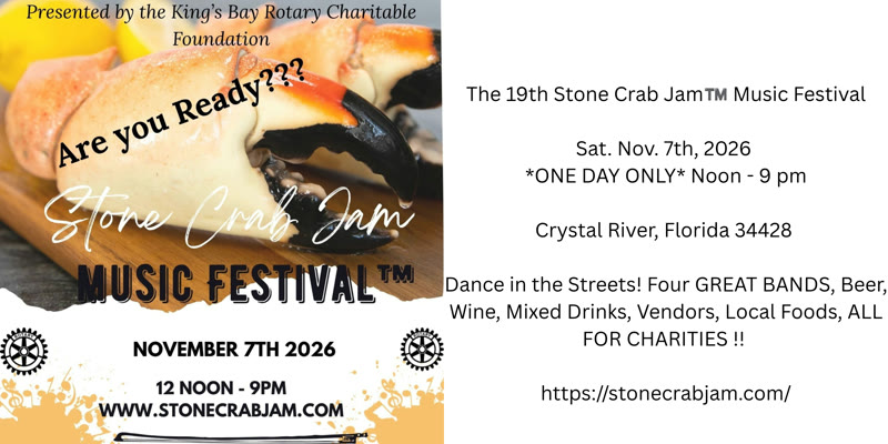 19th Annual Stone Crab Jam Music Festival flyer, North Citrus Avenue, Crystal River