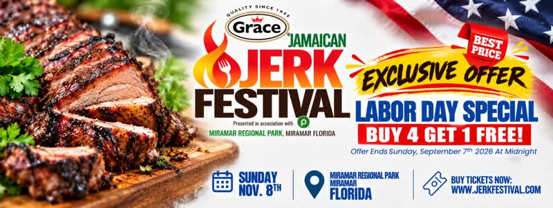 Grace Jamaican Jerk Festival banner, Sunday November 8 at Miramar Regional Park, Miramar