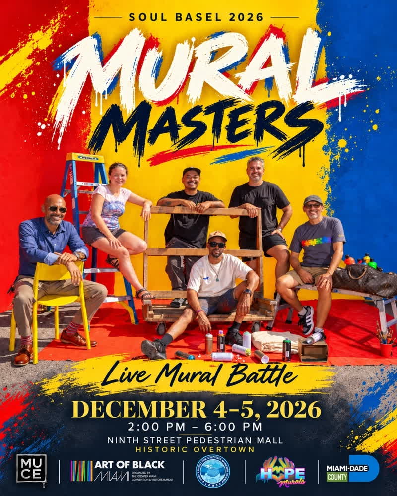 Mural Masters live mural battle flyer, Soul Basel 2026, Ninth Street Pedestrian Mall, Miami