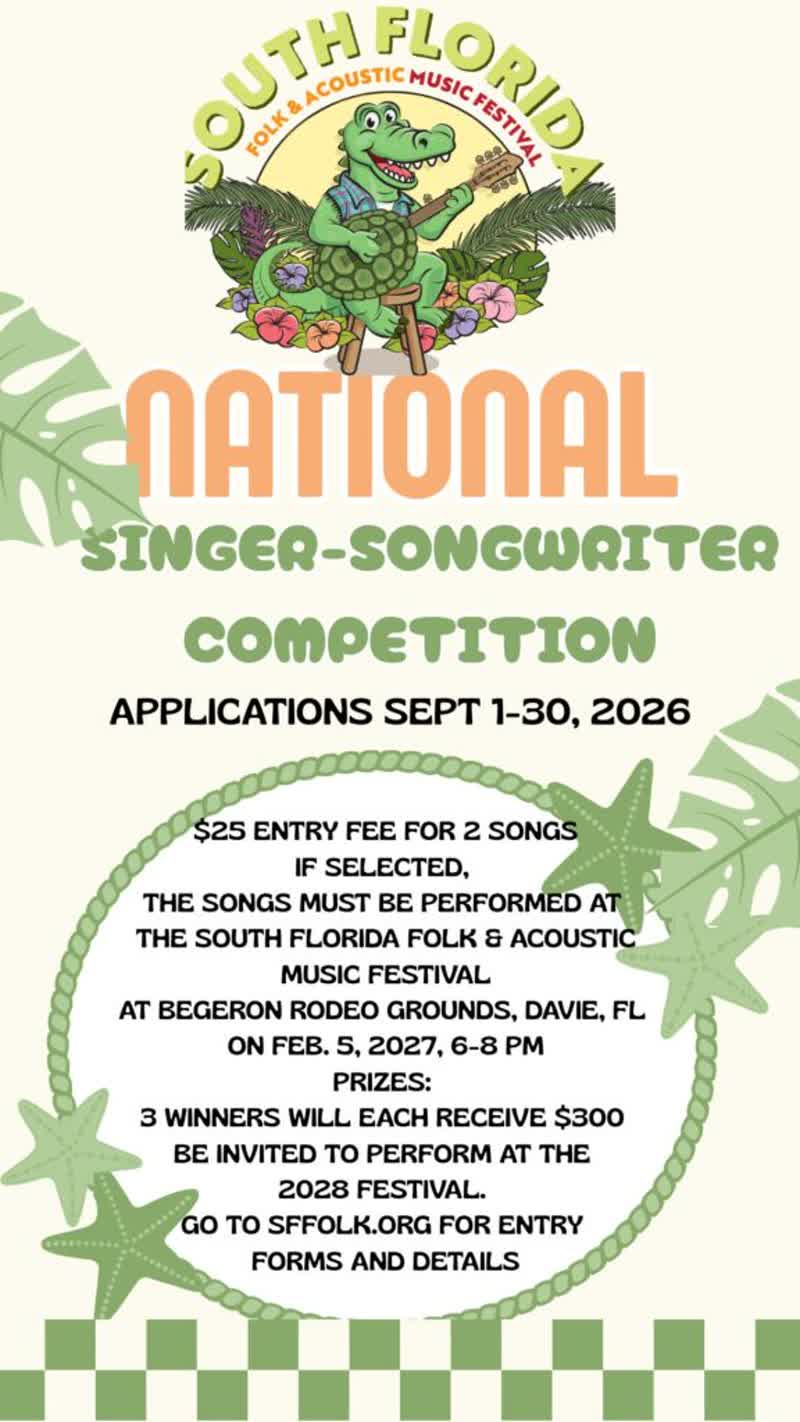 National Singer Songwriter Competition flyer, South Florida Folk and Acoustic Music Festival, Bergeron Rodeo Grounds, Davie