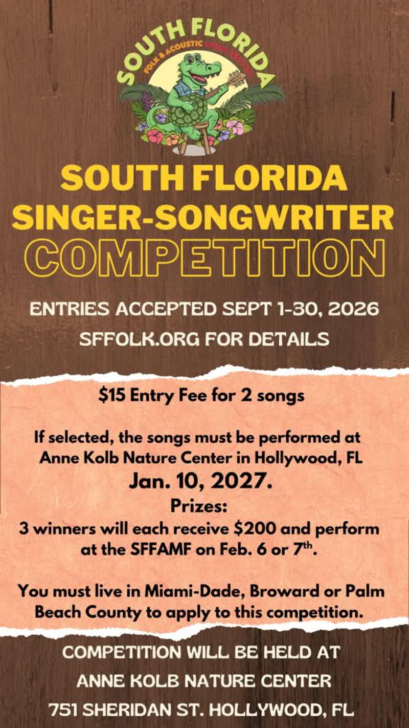 South Florida Singer Songwriter Competition flyer, Anne Kolb Nature Center, Hollywood